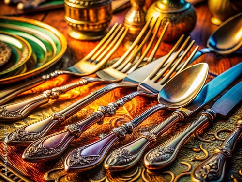 Close-Up of Elegant Cutlery: Detailed Silverware for Table Settings, Dining Experience, and Culinary Presentation, Ideal for Food Photography, Restaurant Menus, and Lifestyle Imagery