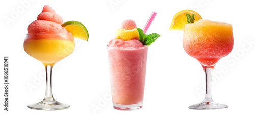 Pink cocktail or sorbet sherbet with fresh berries and tropical fruits isolated on white background with clipping path, making it a refreshing drink choice photo