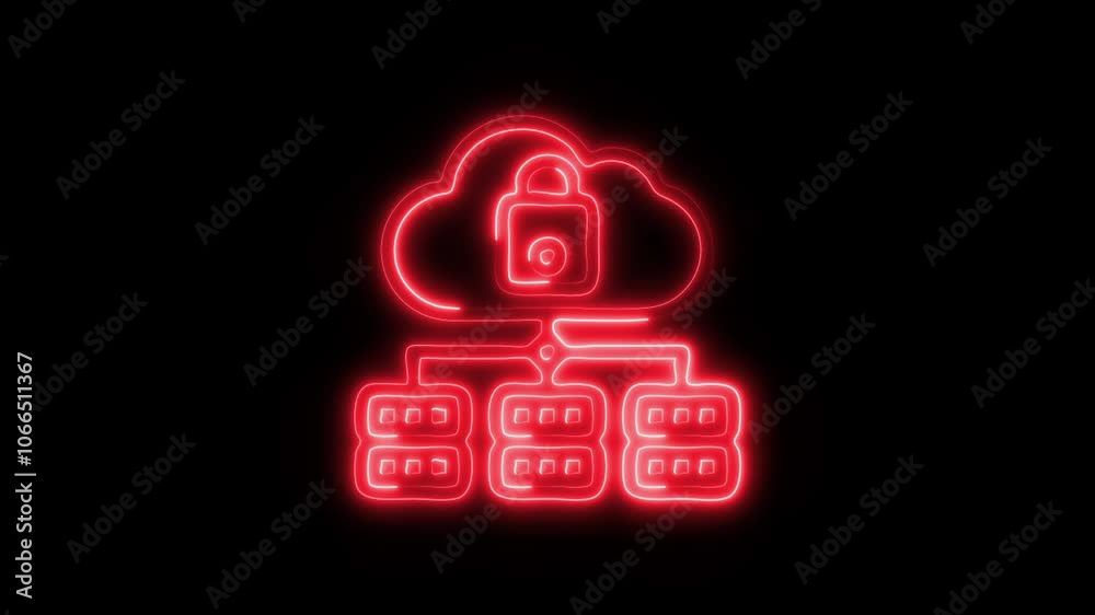 Glowing Cloud Data Storage Icon and Symbol in HD Video Neon Animation on Black Background