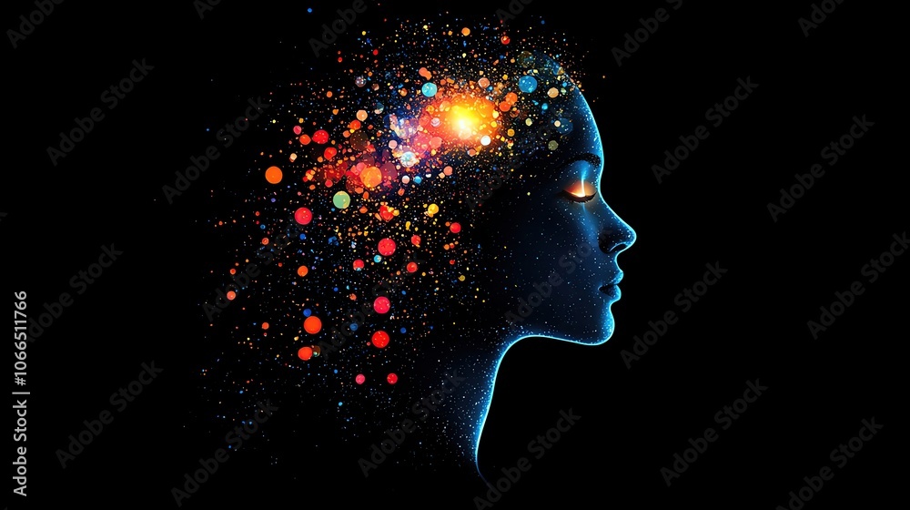 Fototapeta premium story concept meaning design Profile silhouette with colorful mind sparks. illustration