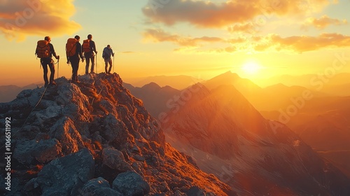 story concept meaning design Hikers on a mountain peak at sunset illustration