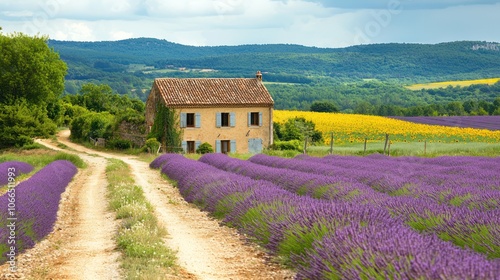 a rustic villa in the countryside, with sprawling fields of lavender or sunflowers nearby. Include a winding dirt road leading to the villa, with a picturesque view of rolling hills in the distance.