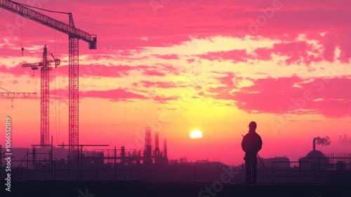 Construction Worker Silhouetted Against a Sunset Sky with Cranes