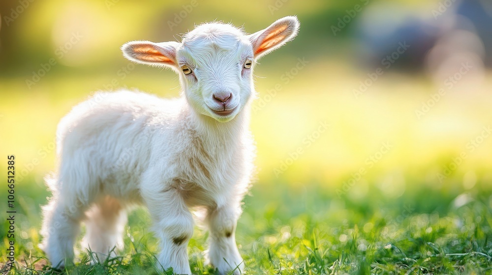 Obraz premium A White Baby Goat Standing in Green Grass
