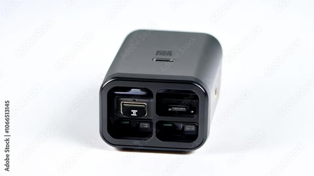 A sleek black power adapter with multiple USB ports for charging devices. A sleek black power adapter with multiple USB ports for charging devices.