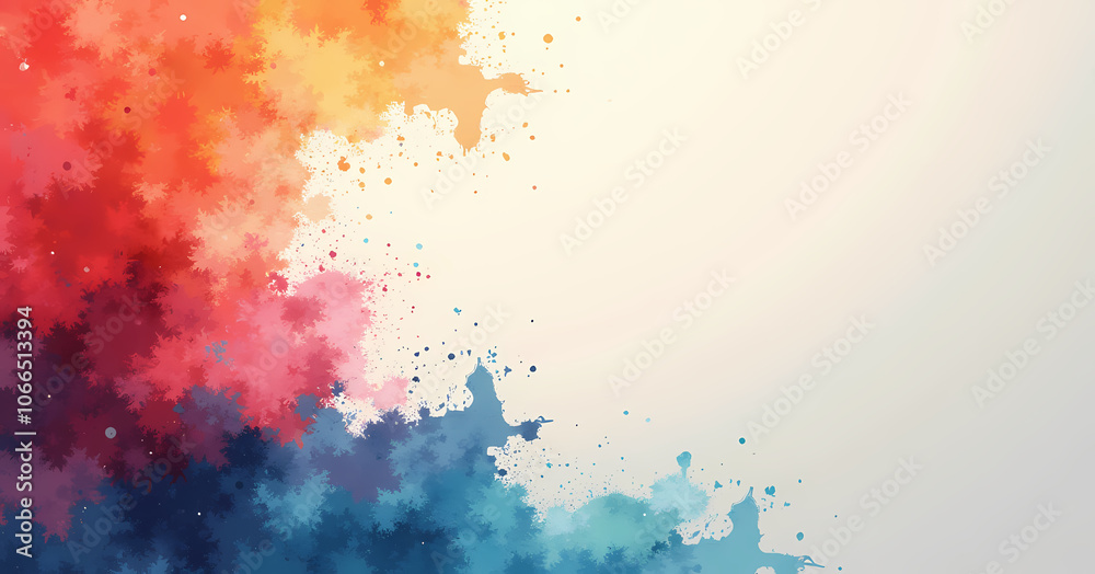 Fototapeta premium An abstract artwork with vibrant reds, oranges, and blues blending into a light, empty background. Splashes and textures create a dynamic contrast between bold colors and open space.