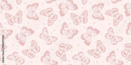 Pastel pink butterfly vector pattern, seamless repeating background tile, cute wallpaper design, magical spring illustration, horizontal