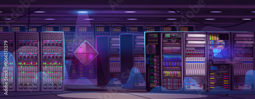 Data server center and cloud storage room interior. Computer network system and hardware equipment for backup security solution. Floating cube in database office with secure information advertising