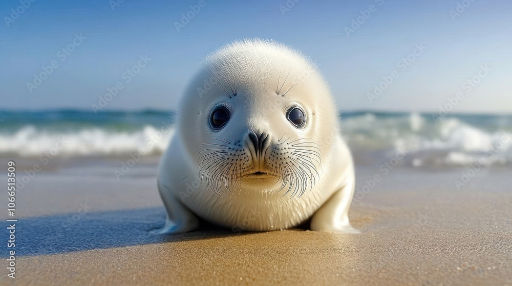 Obraz premium A Baby Seal on a Sandy Beach with the Ocean Behind It