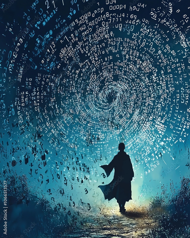 story concept meaning design Person walking in a swirling data vortex illustration story concept meaning design Person walking in a swirling data vortex illustration