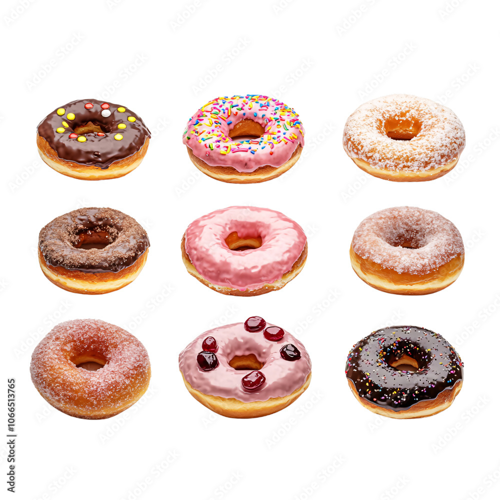 An array of colorful donuts featuring various toppings and glazes, arranged in a grid against a black background. An array of colorful donuts featuring various toppings and glazes, arranged in a grid against a black background.