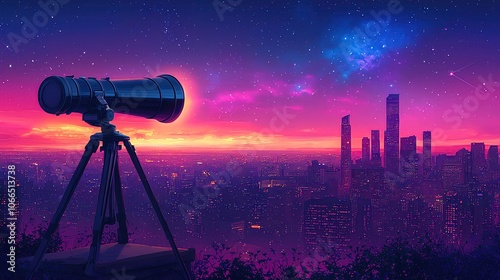 story concept meaning design Telescope overlooking vibrant city skyline illustration