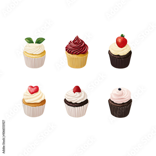 A vibrant display of six beautifully decorated cupcakes featuring various toppings and colors, set against a black background.