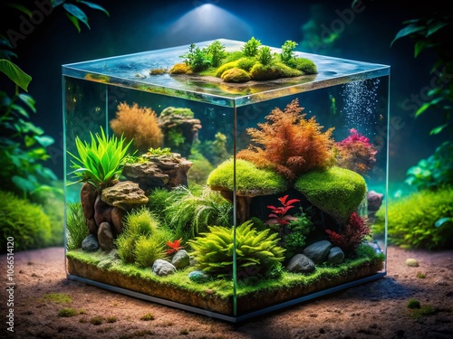 Cloudy Water Aquascape with Bacterial Bloom in Cubic Aquarium Featuring Hemianthus Callitrichoides Cuba, Rocks, and Lush Live Plants for Architectural Photography photo