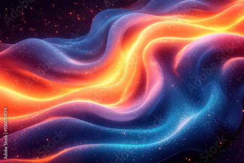 Abstract Wave Background with Orange and Blue Glowing Lines and Sparkles