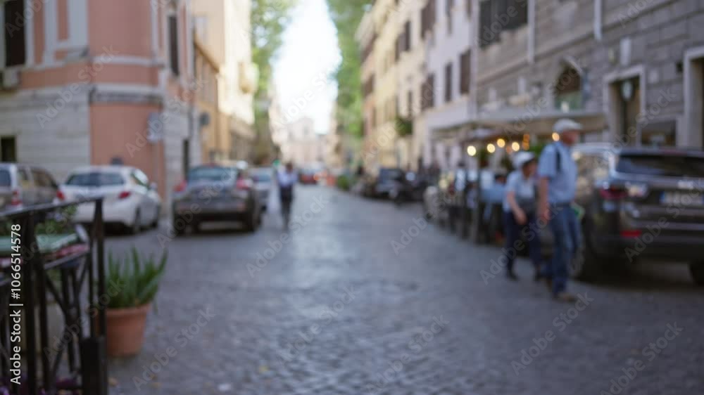 Defocused view of people walking on a cobblestone street in rome, italy, with blurred cars and historic buildings creating a bokeh effect under the afternoon light. Defocused view of people walking on a cobblestone street in rome, italy, with blurred cars and historic buildings creating a bokeh effect under the afternoon light.