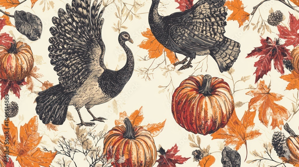 A seamless Thanksgiving pattern featuring pumpkins, turkeys, and autumn leaves