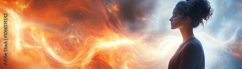 Meditation and mindfulness concept. A silhouette of a woman against a vibrant swirling cosmic background suggesting a theme of transformation and inner exploration