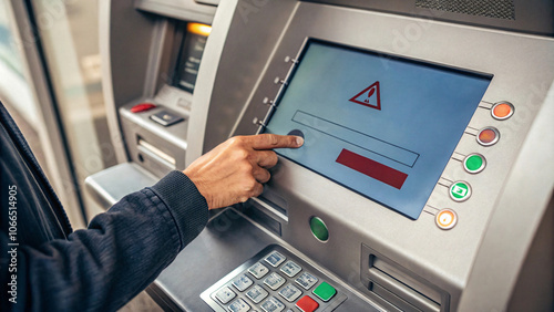 person interacting with ATM machine, displaying warning message on screen. scene captures moment of concern and urgency