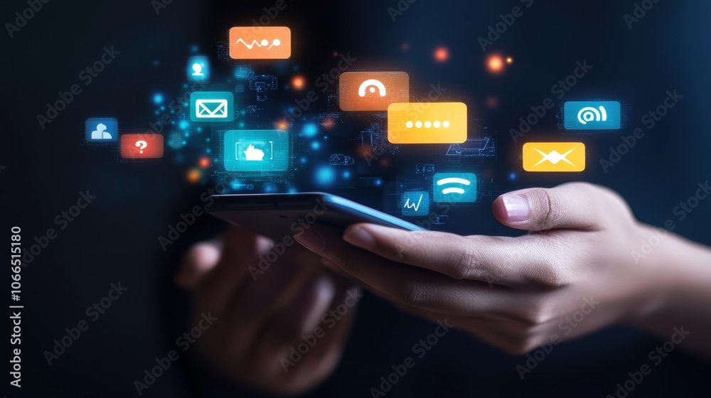 Businessman is holding smartphone using social media marketing and mobile apps for online business and technology concept Businessman is holding smartphone using social media marketing and mobile apps for online business and technology concept