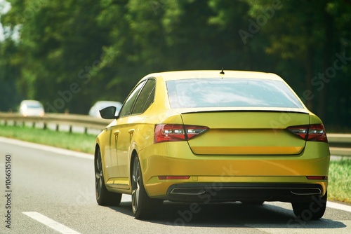 Yellow sedan driving on open road photo