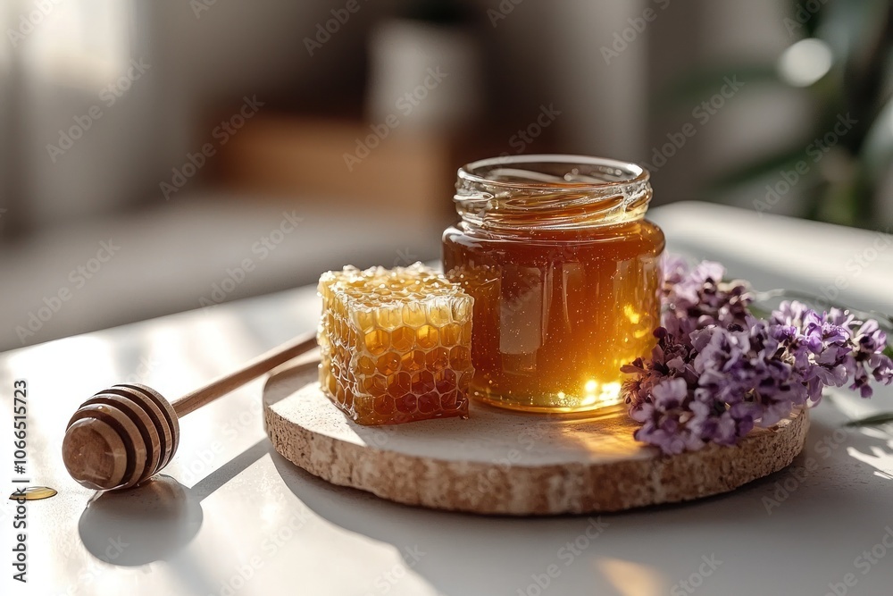 Honeycomb, Honey, Wooden Dipper, and Lilac Flowers on Wooden Slice Honeycomb, Honey, Wooden Dipper, and Lilac Flowers on Wooden Slice