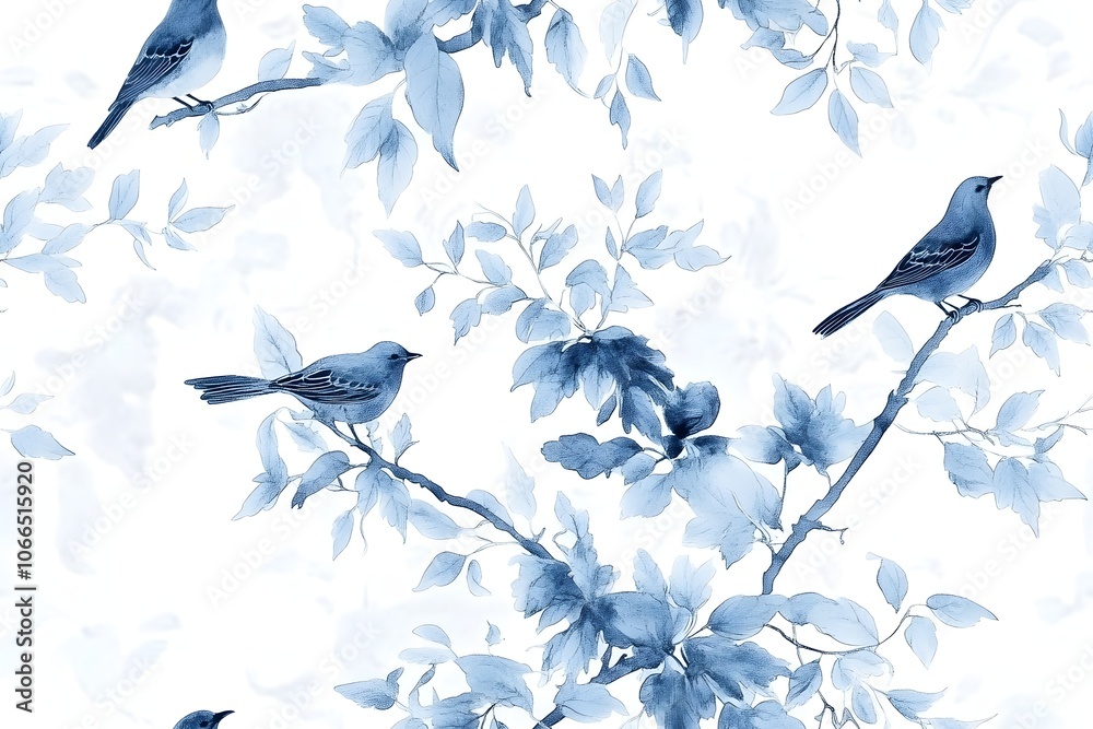 Willow wisps and birds seamless pattern