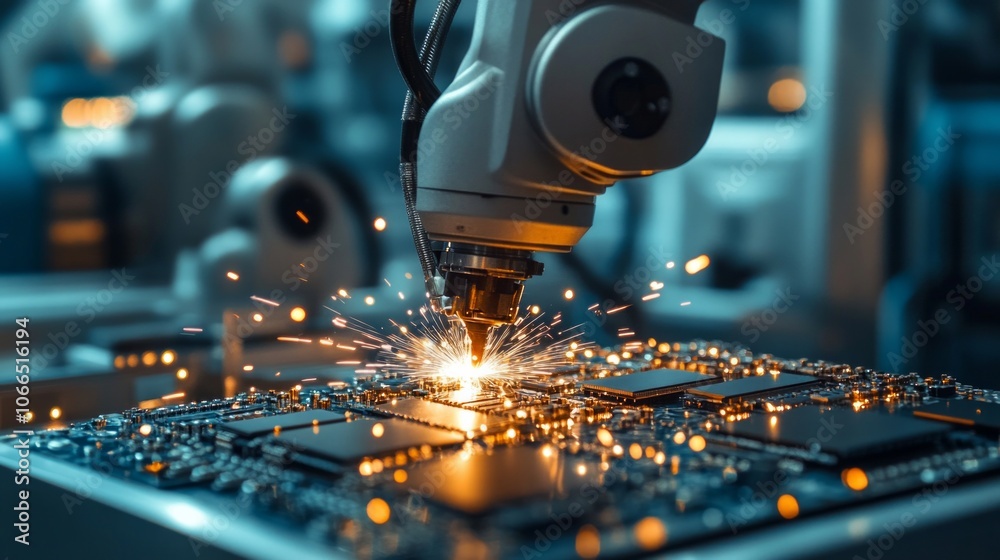 A close-up shot of a robot delicately welding intricate microchips, sparks flying in a sterile, AI Generative.