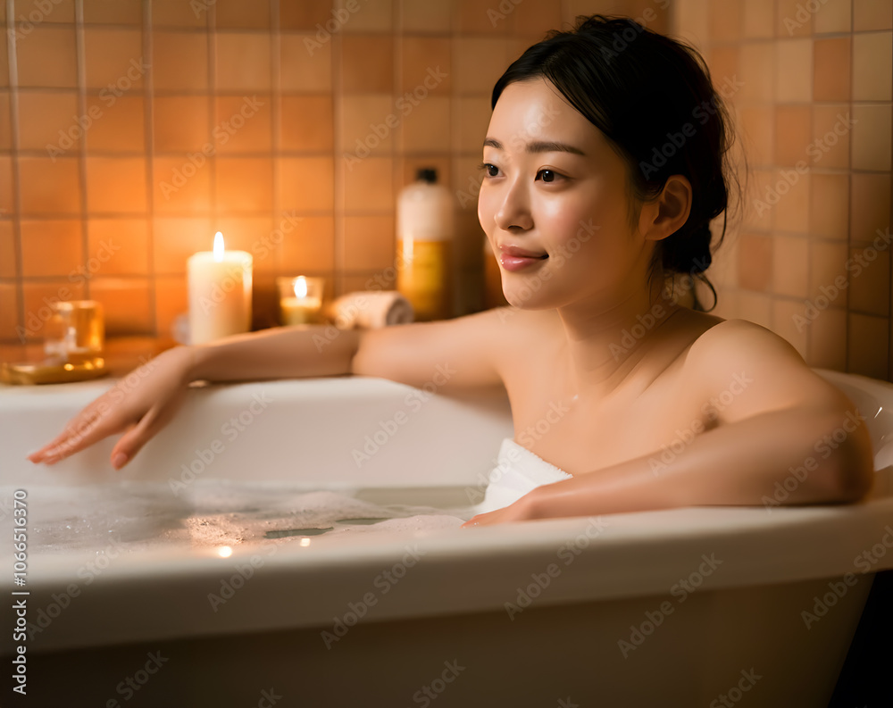Obraz premium 湯船につかる女性 リラックス ビューティー 温活