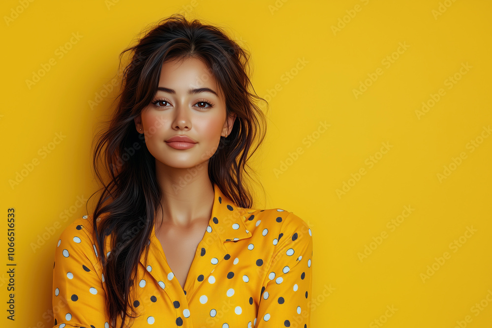 A woman in a stylish pajama set enjoying a warm cup while standing against a vibrant yellow backdrop A woman in a stylish pajama set enjoying a warm cup while standing against a vibrant yellow backdrop