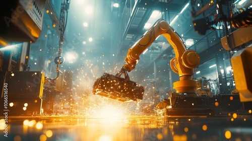A low angle full body shot of a robot carrying heavy machinery parts across a futuristic factory floor, AI Generative.