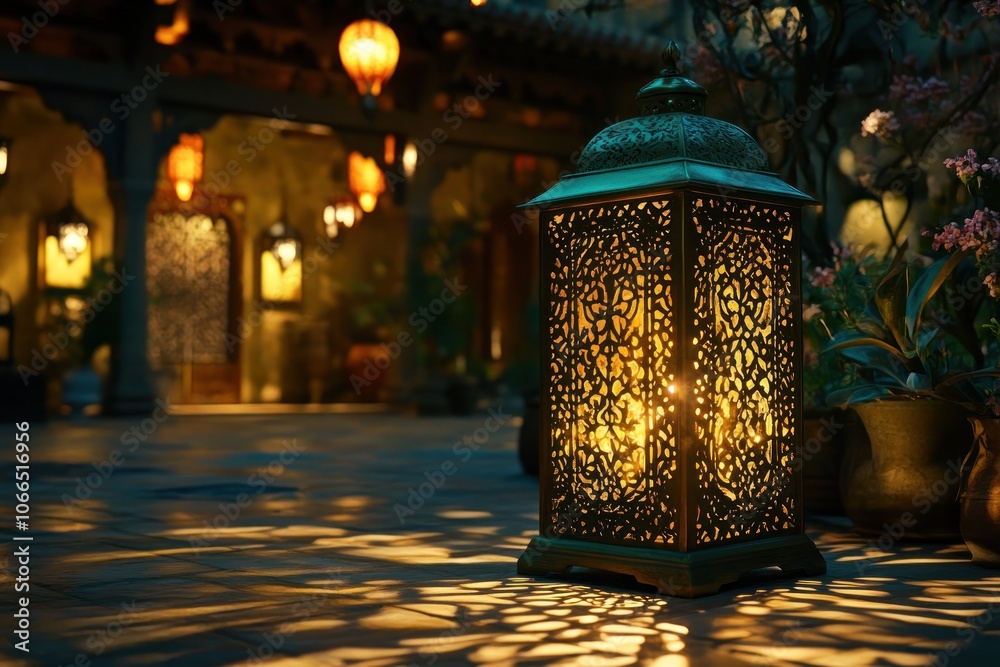 Fototapeta premium Ornate Lantern Casting Shadows in a Serene Courtyard