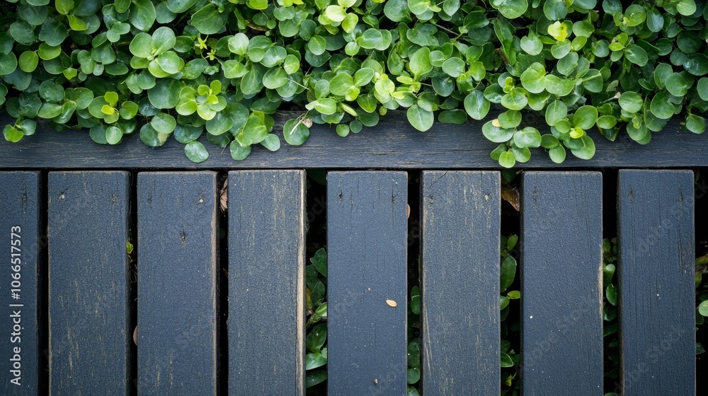 Lush greenery overtakes weathered wooden bench, a tranquil garden scene of natural beauty and peaceful harmony
