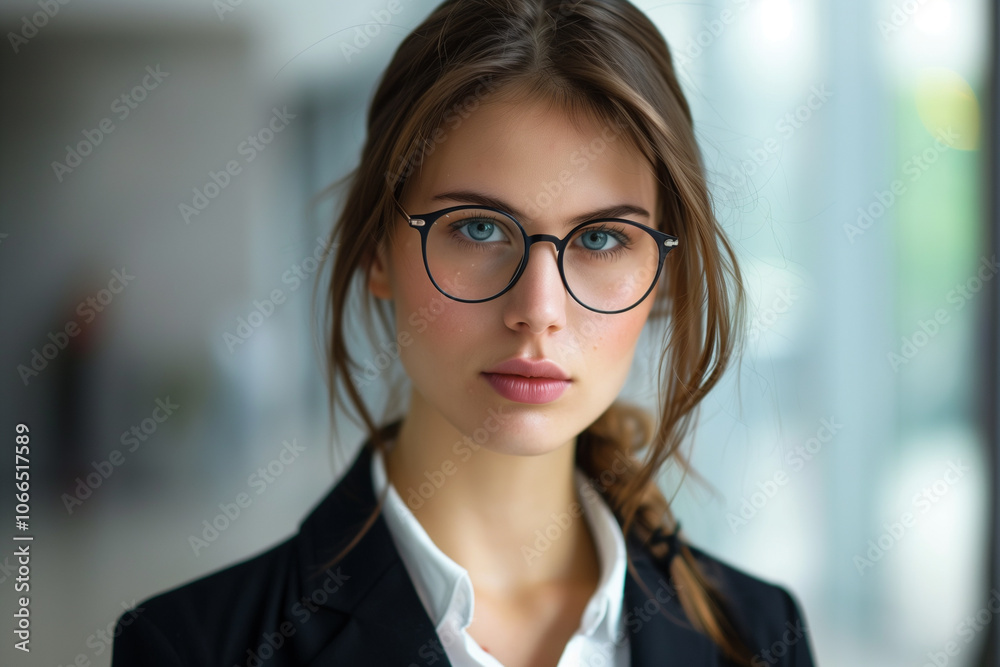 A young businesswoman with long brown hair and a serious face stares directly at the camera, wearing round glasses, dressed in business attire, office setting in the background A young businesswoman with long brown hair and a serious face stares directly at the camera, wearing round glasses, dressed in business attire, office setting in the background