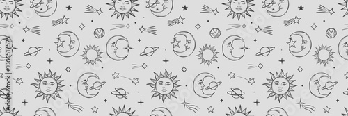 Celestial magical vector banner, sun and moon cosmic repeat pattern, esoteric spiritual horizontal background design