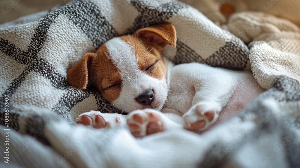 A sleeping puppy nestled in a cozy blanket A sleeping puppy nestled in a cozy blanket