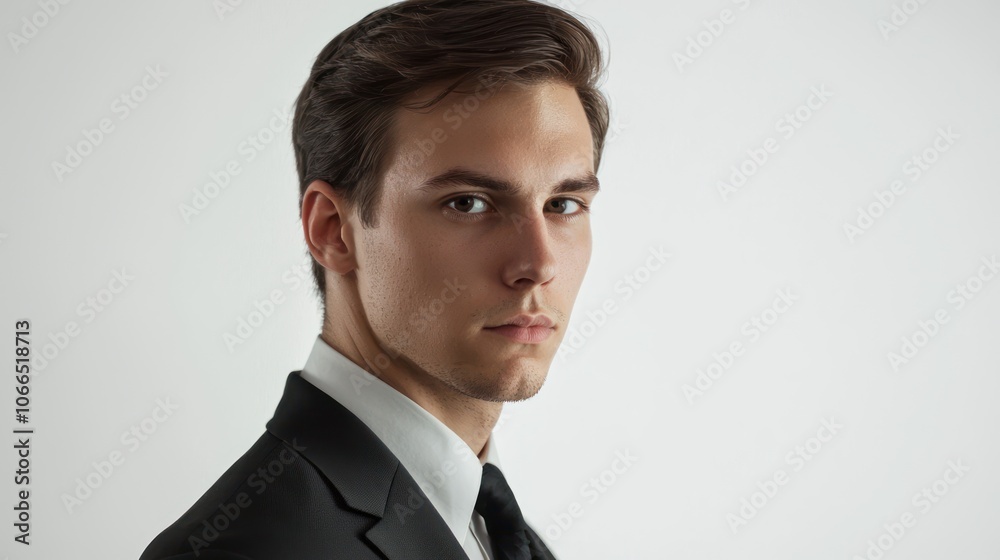 A serious studio portrait of a man in formal attire, emphasizing his features against a white background A serious studio portrait of a man in formal attire, emphasizing his features against a white background