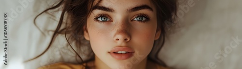 Close-up portrait of a woman with blue eyes and freckles, looking up at the camera