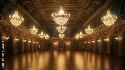 A grand ballroom with multiple chandeliers hanging from the high ceiling, illuminating the polished wooden floor.