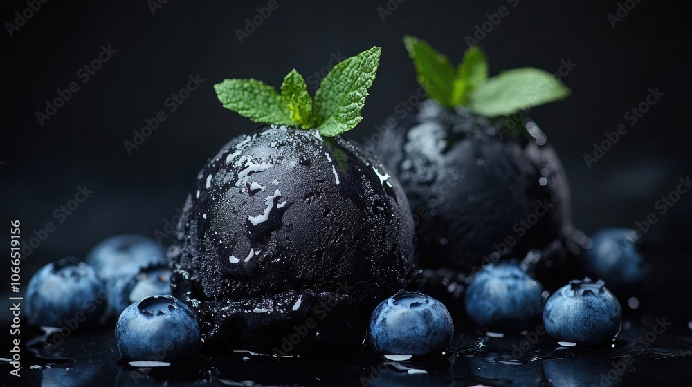 Dark ice cream scoops paired with fresh blueberries create a striking contrast on a black background, making this composition ideal for dessert-themed designs with ample copy space. Dark ice cream scoops paired with fresh blueberries create a striking contrast on a black background, making this composition ideal for dessert-themed designs with ample copy space.