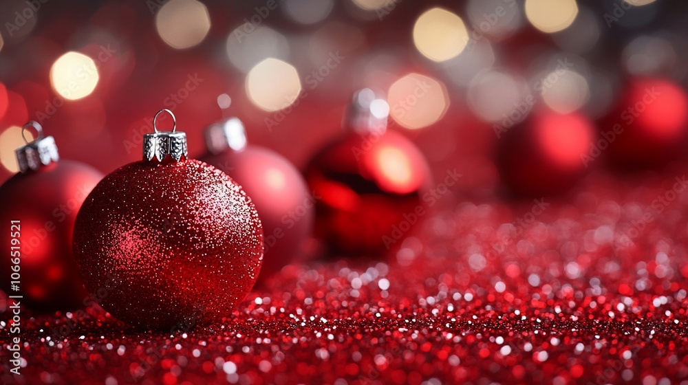 Close-up of red Christmas ornaments on a sparkly red surface with blurred lights in the background. Close-up of red Christmas ornaments on a sparkly red surface with blurred lights in the background.
