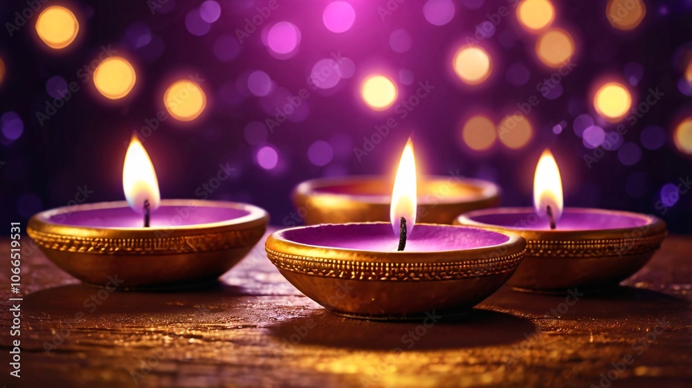 Ornate brass diya with glowing flame, sparkles, Purple-Gold Bokeh, Mandala V8 Ornate brass diya with glowing flame, sparkles, Purple-Gold Bokeh, Mandala V8