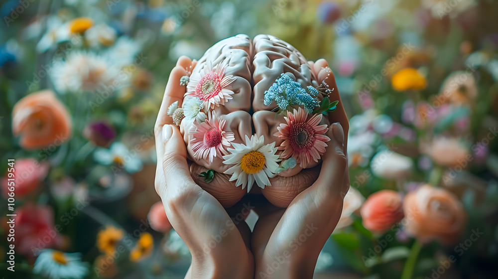 Hands holding paper head human brain with flowers self care and mental ...