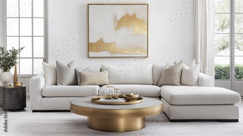Modern Living Room with White Sectional Sofa, Gold Accent Table, and Abstract Gold Artwork