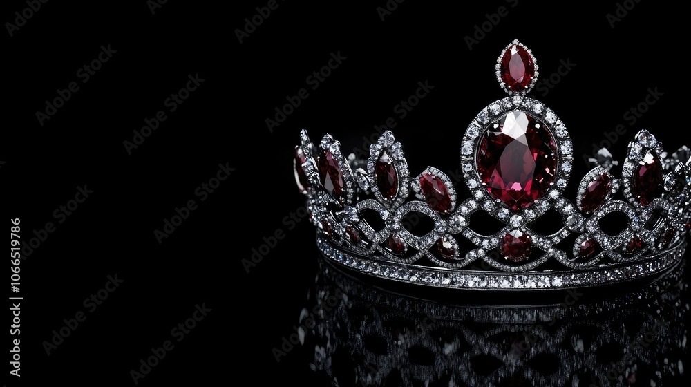 Obraz premium Crown adorned with jewels and a ruby diamond, ideal for creating a regal appearance. The photo captures the crowns elegance, with ample copy space for design needs.