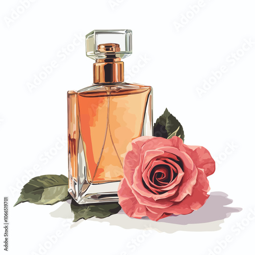 Bottle of perfume with rose on white background. Vector illustration.