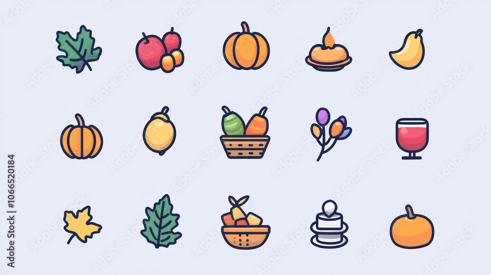 A simple yet colorful set of Thanksgiving icons for social media posts and graphics A simple yet colorful set of Thanksgiving icons for social media posts and graphics