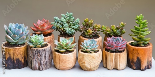 Wallpaper Mural A collection of succulent plants in wooden pots highlights a variety of shapes and colors, celebrating the natural beauty found in horticulture and plant life. Torontodigital.ca