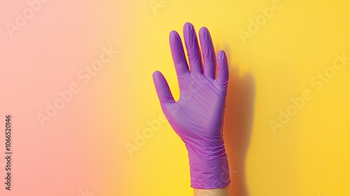 Illuminated hand with a lamp wearing a purple rubber glove against a soft pastel pink and yellow background, creating a vibrant visual with ample copy space.