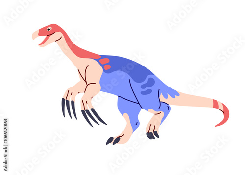 Therizinosaurus run. Carnivorous dinosaur with claws. Dangerous dino with patterned skin. Ancient reptile, wild animal of Jurassic era. Paleontology. Flat isolated vector illustration on white